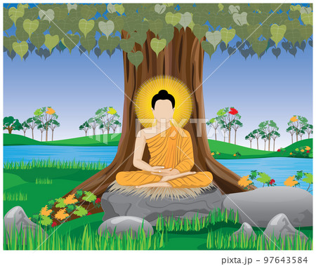 The Buddha meditated under the Bodhi tree vector design 97643584
