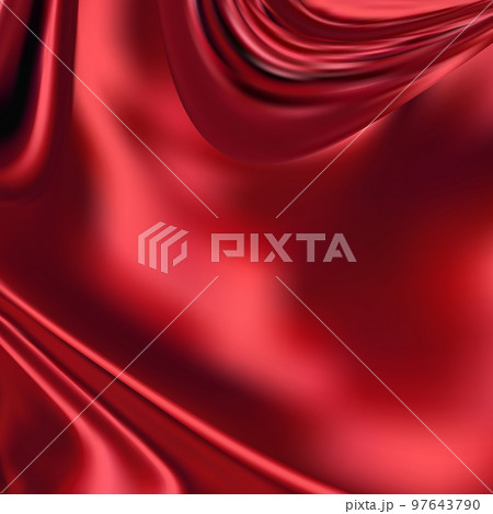 Crumpled and wavy, luxury red silk or satin fabric with smooth surface area 3d realistic abstract background with copy space. Delicate velvet texture, silky textile, elegant tissue illustration 97643790