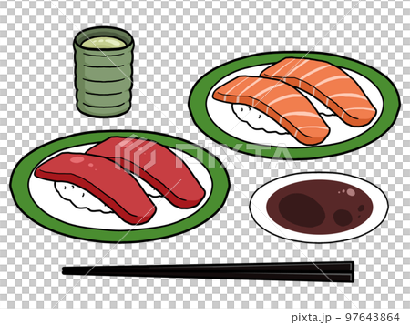 Illustration of tuna and salmon sushi (with soy sauce, chopsticks and tea) Illustration of tuna and salmon sushi (with soy sauce, chopsticks and tea) 97643864