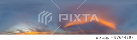 Panorama of a dark blue sunset sky with pink Cumulus clouds. Seamless hdr 360 panorama in spherical equiangular format. Full zenith for 3D visualization, sky replacement for aerial drone panoramas. 97644297
