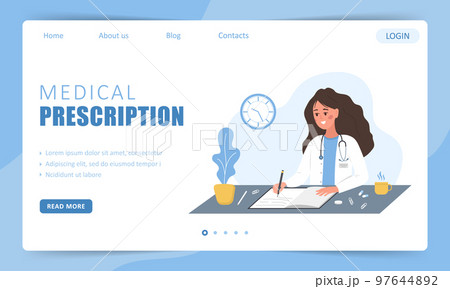 Medical prescription. Landing page template. Female doctor writing recipe for patient. Healthcare and pharmacy concept. Vector illustration in flat cartoon style Medical prescription. Landing page template. Female doctor writing recipe for patient. Healthcare and pharmacy concept. Vector illustration in flat cartoon style 97644892