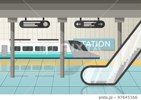 Subway train metro station. Underground empty hall. Rail transport platform. Public commute. Wagon windows. Hallway floor and escalator. Passenger transportation. Vector cartoon garish illustration 97645566