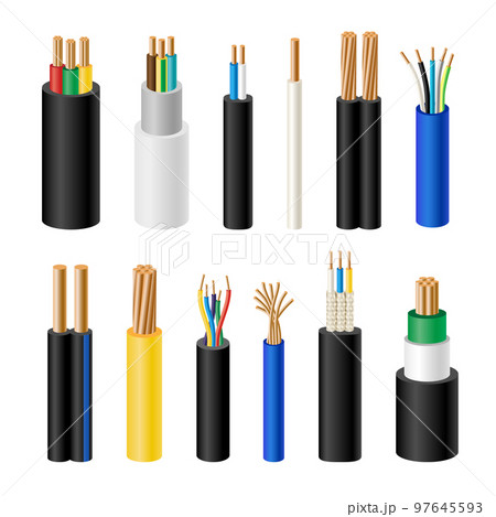 Electric wire, realistic electronic copper cable, colorful rubber insulation. Flexible fiber technology in energy industry, electricity plastic. 3d on white background elements. Vector utter icons Electric wire, realistic electronic copper cable, colorful rubber insulation. Flexible fiber technology in energy industry, electricity plastic. 3d on white background elements. Vector utter icons 97645593