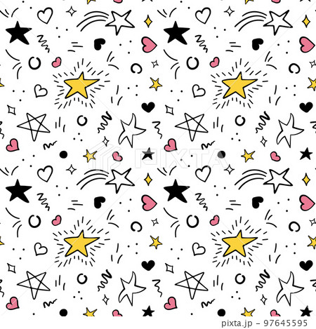 Doodle star pattern, cute party elements. Magic christmas ornament, scribble stars and pink hearts isolated on white backdrop, celebrate baby decor. Childish textile. Vector seamless utter background 97645595