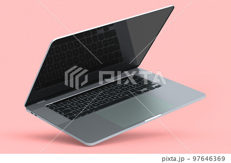 Realistic aluminum laptop with empty white screen isolated on pink background. Realistic aluminum laptop with empty white screen isolated on pink background. 97646369