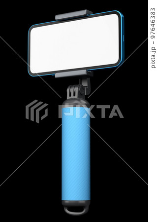 Realistic smartphone with blank white screen and selfie stick isolated on black 97646383