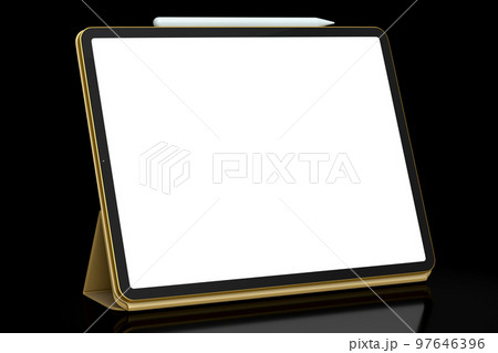 Computer tablet with gold cover case and pencil isolated on black background. 97646396