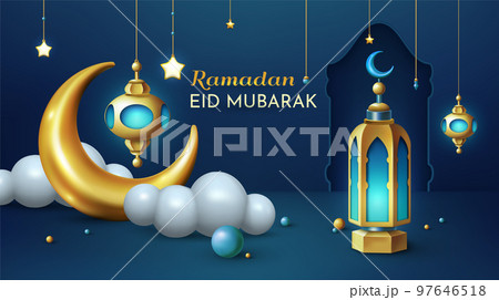 Ramadan banner, eid mubarak poster, 3d night moon, clouds and light lamp. Islam podium and lantern, stars and crescent, kareem celebration. Religious holiday card. Vector decoration exact background 97646518