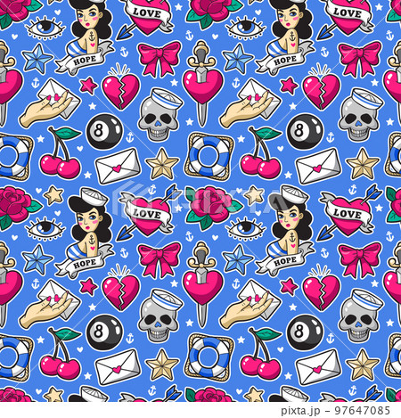 Old school seamless pattern in rockabilly style. 97647085