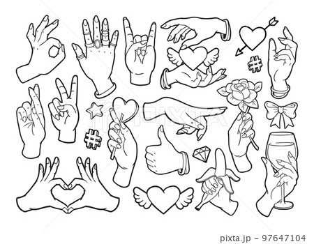Fashion patch badges with gestures of hands. Fashion patch badges with gestures of hands. 97647104