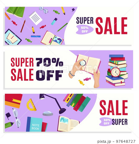 Book notebook big sale banner, template poster background set vector illustration. Business art about education, school graphic elements. Book notebook big sale banner, template poster background set vector illustration. Business art about education, school graphic elements. 97648727