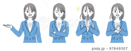 ビジネススーツの女性　表情ポーズの上半身イラストセット（案内する　イライラする　気づく　納得） 97649307