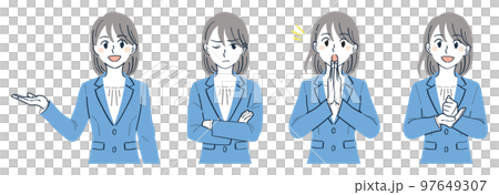 ビジネススーツの女性　表情ポーズの上半身イラストセット（案内する　イライラする　気づく　納得） 97649307