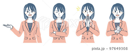ビジネススーツの女性 表情ポーズの上半身イラストセット(案内する イライラする 気づく 納得) ビジネススーツの女性 表情ポーズの上半身イラストセット(案内する イライラする 気づく 納得) 97649308