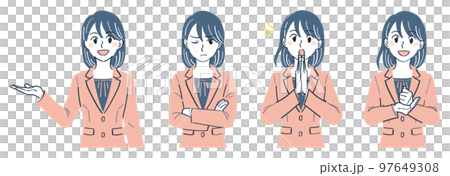 ビジネススーツの女性 表情ポーズの上半身イラストセット(案内する イライラする 気づく 納得) ビジネススーツの女性 表情ポーズの上半身イラストセット(案内する イライラする 気づく 納得) 97649308