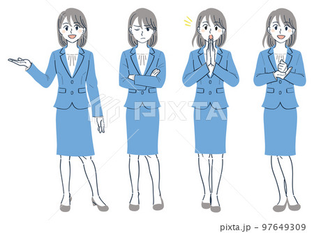 ビジネススーツの女性 表情ポーズの全身イラストセット(案内する イライラする 気づく 納得) ビジネススーツの女性 表情ポーズの全身イラストセット(案内する イライラする 気づく 納得) 97649309