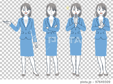 ビジネススーツの女性 表情ポーズの全身イラストセット(案内する イライラする 気づく 納得) ビジネススーツの女性 表情ポーズの全身イラストセット(案内する イライラする 気づく 納得) 97649309
