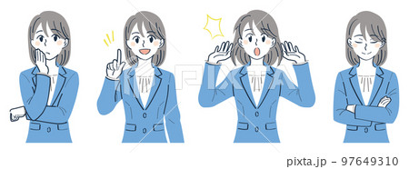 ビジネススーツの女性　表情ポーズの上半身イラストセット（悩む　説明する　驚く　頷く） 97649310