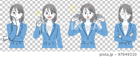 A woman in a business suit Upper body illustration set of facial poses (worried, explained, surprised, nodded) 97649310