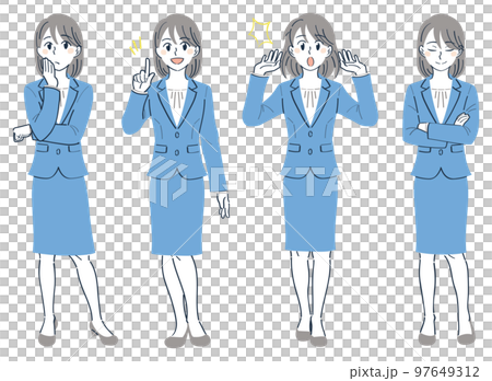 一個穿著西裝的女人全身插圖集的面部表情姿勢（擔心、解釋、驚訝、點頭） 97649312