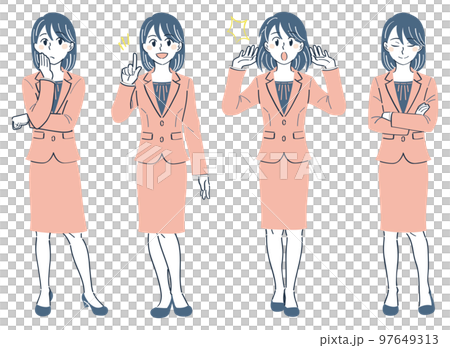 一個穿著西裝的女人全身插圖集的面部表情姿勢(擔心、解釋、驚訝、點頭) 一個穿著西裝的女人全身插圖集的面部表情姿勢(擔心、解釋、驚訝、點頭) 97649313