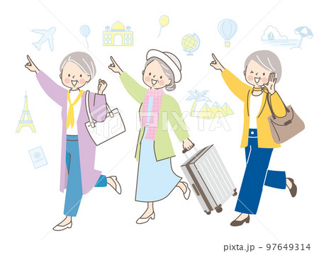 友達と旅行に行く3人の中年女性達のイラストセット 友達と旅行に行く3人の中年女性達のイラストセット 97649314