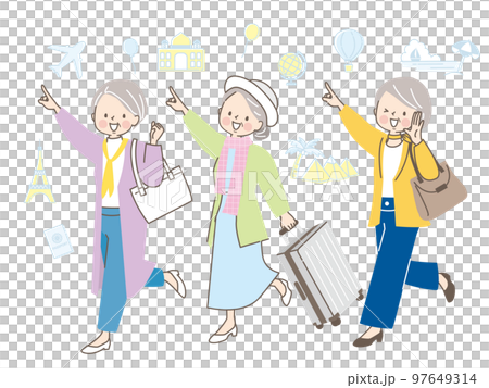 友達と旅行に行く3人の中年女性達のイラストセット 友達と旅行に行く3人の中年女性達のイラストセット 97649314