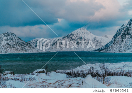 Norway coast in winter with snow bad cloudy weather Norway coast in winter with snow bad cloudy weather 97649541