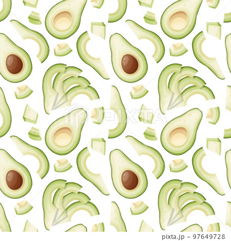 Seamless pattern with green avocado slices. Traditional Mexican food. Delicious yummy product. Texture for fabric, wallpaper, restaurant paper and menu Seamless pattern with green avocado slices. Traditional Mexican food. Delicious yummy product. Texture for fabric, wallpaper, restaurant paper and menu 97649728