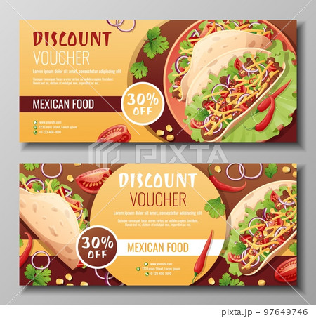 Discount voucher, mexican food template design. Coupon set with tacos with pepper meat, cheese.. Banner, poster, flyer, advertising for a restaurant Discount voucher, mexican food template design. Coupon set with tacos with pepper meat, cheese.. Banner, poster, flyer, advertising for a restaurant 97649746