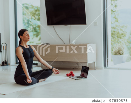 Young Beautiful Female Exercising, Stretching and Practising Yoga with Trainer via Video Call Conference in Bright Sunny House. Healthy Lifestyle, Wellbeing and Mindfulness Concept. Young Beautiful Female Exercising, Stretching and Practising Yoga with Trainer via Video Call Conference in Bright Sunny House. Healthy Lifestyle, Wellbeing and Mindfulness Concept. 97650373