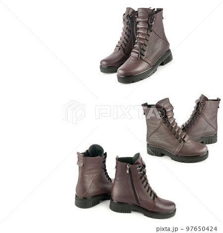New trekking shoes with laces isolated on a white background. Collage. Free space for text. New trekking shoes with laces isolated on a white background. Collage. Free space for text. 97650424