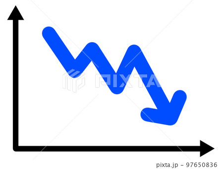 右肩下がりにジグザク下がる青い矢印の折れ線グラフ 97650836