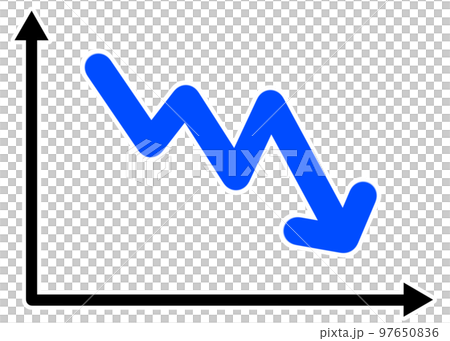 右肩下がりにジグザク下がる青い矢印の折れ線グラフ 97650836