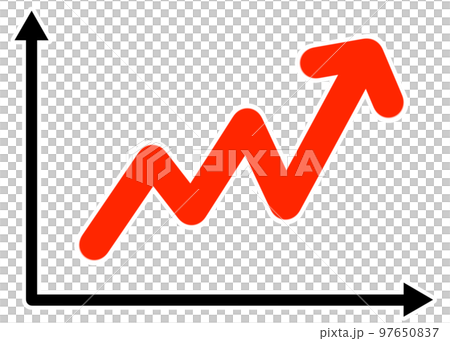 右肩上がりにジグザク上がる赤い矢印の折れ線グラフ 97650837