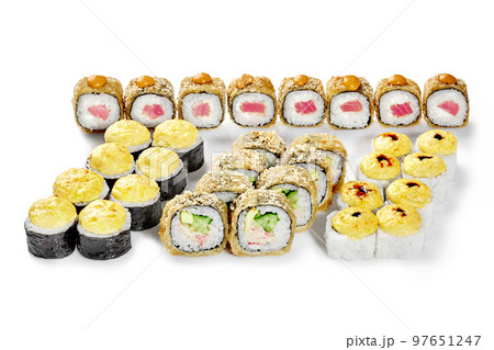 Tempura and baked rolls with cheese caps on white background 97651247
