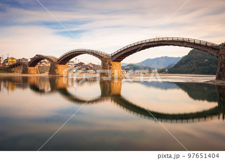 Iwakuni, Yamaguchi, Japan at Kintaikyo Bridge over the Nishiki River 97651404