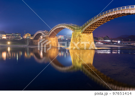 Iwakuni, Yamaguchi, Japan at Kintaikyo Bridge over the Nishiki River Iwakuni, Yamaguchi, Japan at Kintaikyo Bridge over the Nishiki River 97651414