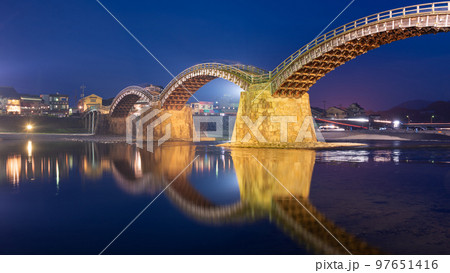 Iwakuni, Yamaguchi, Japan at Kintaikyo Bridge over the Nishiki River 97651416