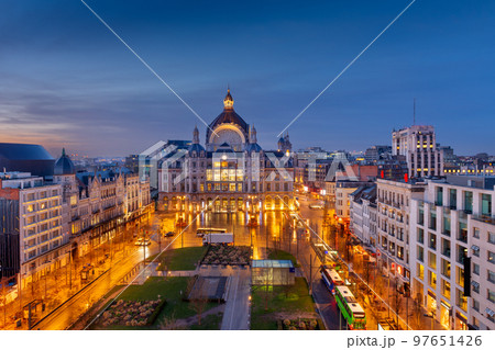 Antwerp, Belgium cityscape at Centraal Railway Station 97651426