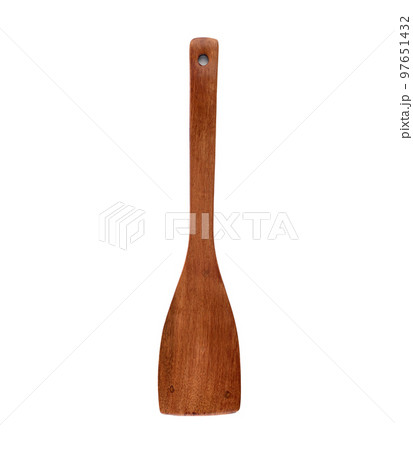 Long wooden kitchen spatula vertically on a white background. 97651432