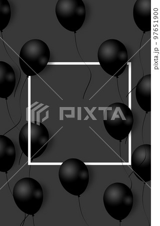 Beautiful black balloons randomly flying over white frame. Party elegant background with space for text. White frame, balloons. Beautiful black balloons randomly flying over white frame. Party elegant background with space for text. White frame, balloons. 97651900