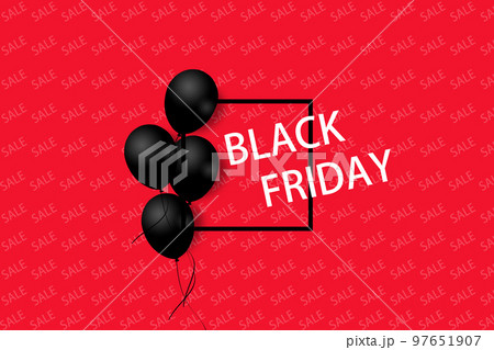 Black Friday Sale Poster with black balloons on red background with square frame. Illustration. 97651907