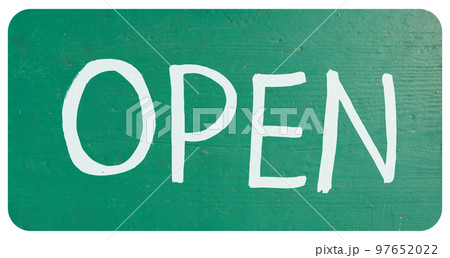 Handwritten open sign on storefront, paint on wood transparent P 97652022