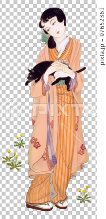 Taisho Roman When the dandelions bloom A girl hugging a black cat and reading a letter 97652361