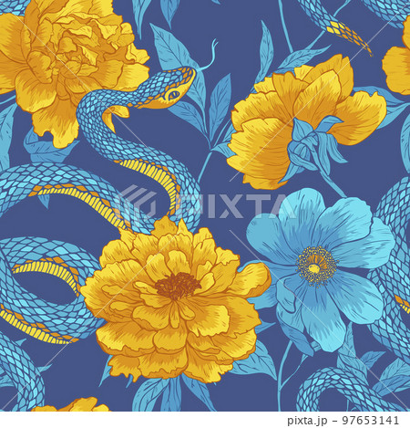 Pattern with snake and flowers. 97653141