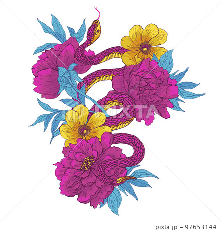 Snake and flowers. 97653144