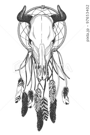 Bull skull with feathers and dreamcatcher. 97653402