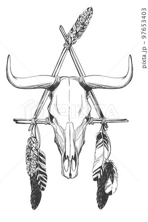 Bull skull with feathers and dreamcatcher. Bull skull with feathers and dreamcatcher. 97653403