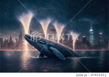 whales breaching celebrating new year eve in new york fireworks in the sky illustration generative Ai 97653451